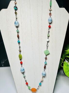 Artisanal Vintage Glass and Acrylic Beaded Long Station Necklace, 40”